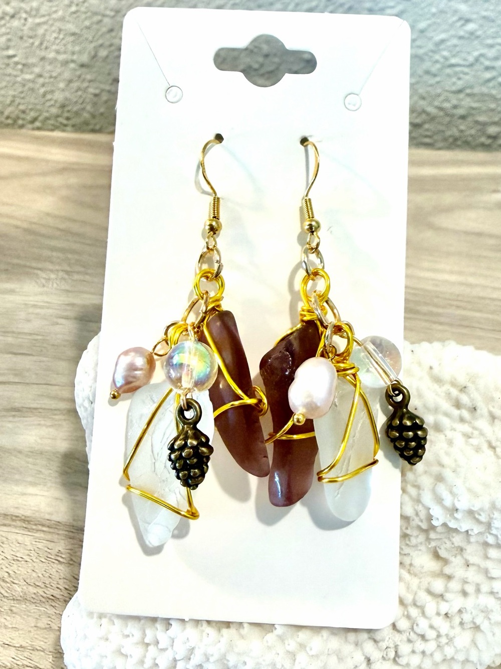 128. Handmade Gold-Wire burgundy & White Sea Glass Earrings with pine cones